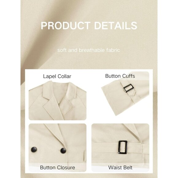 Women's Cropped Bike Jacket Casual Double Breasted Trench Coat with Belt Beige - Picture 5 of 6